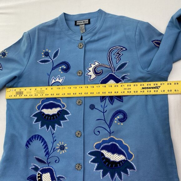 Indigo Moon Jacket Womens 2X Blue Embroidered Flowers Button Front Wearable Art - Picture 12 of 16